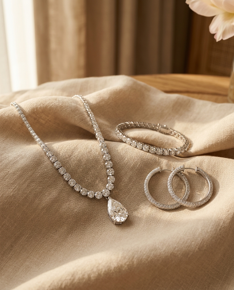 Exquisite diamond bridal necklace with pear-cut drop, matching tennis bracelet, and diamond hoop earrings on champagne drapery