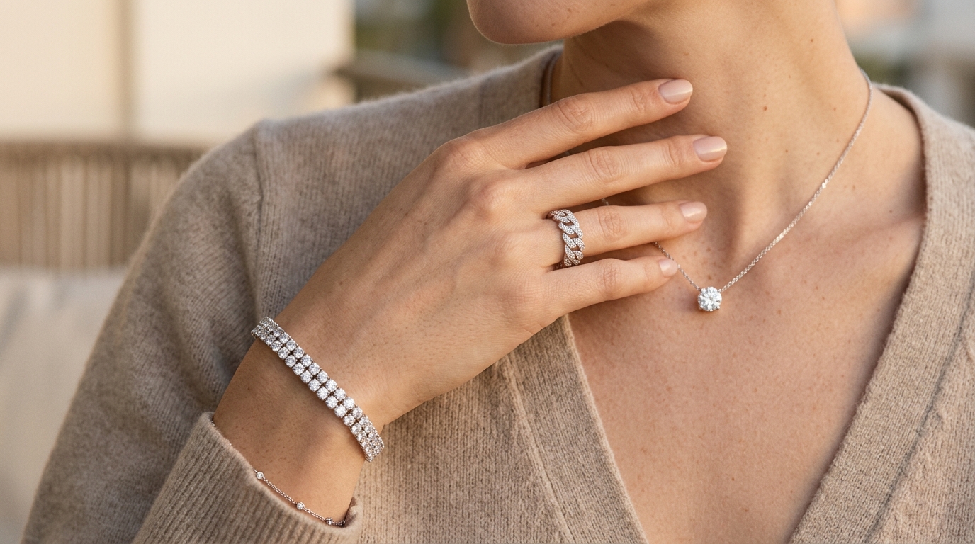 Model styled in a 14K white gold double-row diamond tennis bracelet, diamond Cuban ring, and solitaire pendant