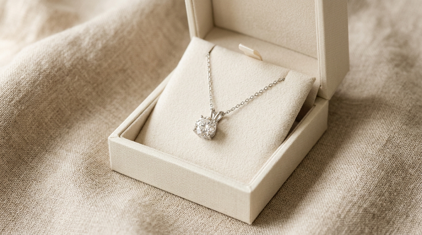 A luxury velvet presentation box showcasing a brilliant solitaire diamond necklace